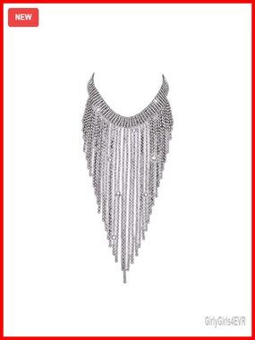 Rhinestone Bib Choker Tassel Long Chain Necklace Tennis Chain Lobster Clasp